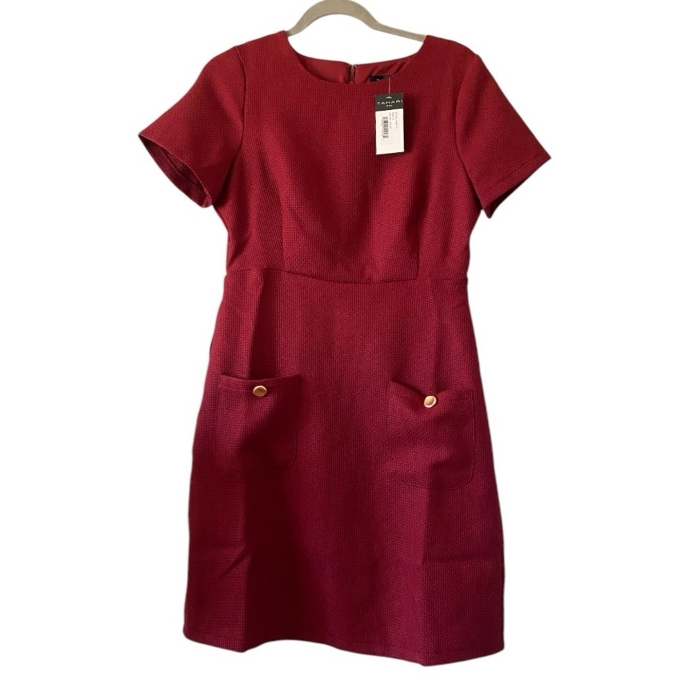 Tahari Arthur S. Levine Brick Red Short Sleeve Sheath Pockets Dress
